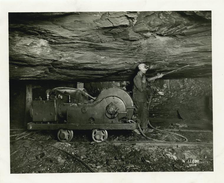 Ingersoll-Rand class ER mine car compressor and jackhammer outfit working in the Lynch Kentucky mines of the United States Coal & Coke Co.