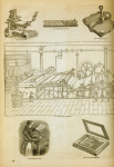 Printing industry: Stanhope press; composing stick; stereotype casting box and moulding frame; papermaking machinery; compositor at work.