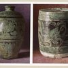 Gobelet en terre émaillée. H. 170 mm., D. 145 mm. (Chine. Dynastie Tang); Vase en terre émaillée. H. 215 mm., D. 125 mm. (Chine. Dynastie Tang).