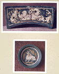 Oreiller en terre émaillée. H. 87 mm., L. 322 mm., É. 150 mm. (Chine. Dynastie Tang); Petit coupe en terre émaillée. H. 27 mm., D. 122 mm. (Chine. Dynastie Tang).
