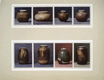 Tchaire (pots à thé) en terre émaillée: a) H. 70 mm., D. 70 mm. (Japon, Séto, XV s.), b) H. 75 mm., D. 93 mm. (Japon, Kiséto, XV s.), c) H. 62 mm., D. 60 mm. (Japon, Satsouma XVII s.), d) H. 64 mm., D. 70 mm. (Japon, Takatori, XVII s.), e) H. 95 mm., D. 62 mm. (Japon, Omi (?) XVII s.), f) H. 105 mm., D. 70 mm. (Japon, Idzoumo, XVII s.), g) H. 89 mm., D. 75 mm. (Japon, Satsouma XVII s.), h) H. 100 mm., D. 66 mm. (Japon, Kioto (?) XVI-XVII s.)