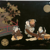 Inlay and lacquer-work front cover depicting two musicians and a dragon mask entertainer
