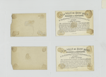Trade cards depicting a teacher, soldier, chef with a dessert and bees and a boy with an umbrella on a windy day.