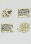 Trade cards depicting jars of meat, a family hiking in the woods, children arriving at a woman's house, a card shaped like a painting palette depicting sailboats, and a card shaped like a fan depicting flowers and a bow.