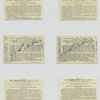 Trade cards depicting jars of meat, bible stories, a wizard, acrobats, building a wall with jars and fencing with jars for shields and spoons for swords.