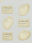 Trade cards depicting birds and cards shaped like painting palettes depicting portraits of men, a basket of flowers and a fan.