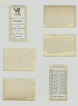 [A calendar and trade cards depicting eggs, landscapes and a house with a chimney.]