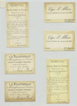 Trade cards depicting flower vases, landscapes in the winter and summer, acrobats on stilts, a couple missing the train and the train station counter.