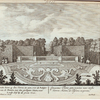 Gezicht boven op den Tarras, te zien over de Baluster van de Fontein, met den gevlügten Naam, naar 't oude Hof, by de groote Viver