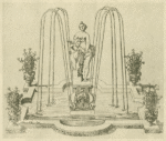 Fountain with raised centerpiece of nude female figure and cherub