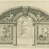 Perspective views of the interior of a grotto with decorative murals above and to the sides of the arched entryway