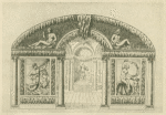 Perspective views of the interior of a grotto with decorative murals above and to the sides of the arched entryway