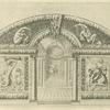 Perspective views of the interior of a grotto with decorative murals above and to the sides of the arched entryway
