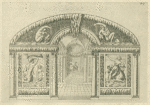 Perspective views of the interior of a grotto with decorative murals above and to the sides of the arched entryway