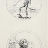 Figure with sword and long hair, smoking; Figure with oversized head, wearing glasses, smoking