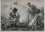 Indians - Bartering [with white man, woman holds baby, man smokes]
