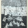 Indian women bathing in river, one on bank smoking a hookah