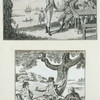 peg-legged sailor with tankard of ale shaking hand of another man, pipes on the table beisde him, other peg-legged men, ships in background]; [Three men eating, drinking and smoking under a tree on a country estate]
