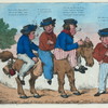 Three sailors, smoking, all mounted on the same horse, another sailor afoot