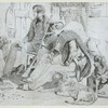 Two gentlemen in hunting lodge, by hearth with dogs, one lighting cigar.