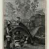 Agricultural workers (?) sitting in hay, smoking