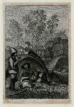 Agricultural workers (?) sitting in hay, smoking