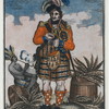 Highlander in kilt taking snuff, Indian sitting on a hogshead of tobacco smoking