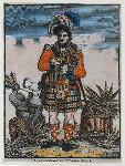 Highlander in kilt taking snuff, Indian sitting on a hogshead of tobacco smoking