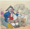 John Bull smoking, with cornucopia, roast beef, ale, and his dog