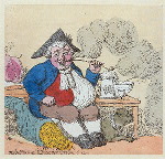 John Bull smoking, with cornucopia, roast beef, ale, and his dog