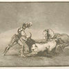 Un caballero español mata un toro despues de haber perdido el caballo.