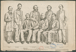 The editorial staff of the New York Herald in 1860 (from a photograph by Brady) : John Ryan, art critic, John Bonner, money editor, Frederick Hudson, managing editor, Dr. George B.[?] Wallis, loader writer, James Gordon Bennett, proprietor, J. S. Thrasher, statistical editor, James Gordon Bennett, Jr., aged 17, E. G. P. Wilkins, dramatic critic.