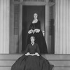 Elizabeth Risdon as Christine (standing) and Leona Hogarth  as Lavinia (seated, on steps of Mannon Mansion). Costume and set designed by Robert Edmond Jones.