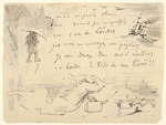 Sheet with a poem and studies of a man with an umbrella, a ship at sea, and a ghost flying to London.