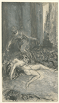 Woman standing over a female figure reclining on a ram.