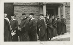 Alexander Black at St. Lawrence University (?) to receive an honorary degree, flanked by Owen Young, John Hayes Holmes, and Andrew Mellon.
