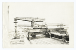 Side view of a 15-ton Hulett electrically operated ore unloader with open bucket entering hold of vessel