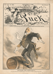 Anything for popularity! Our star diplomat par excellance, in his great whiskey-tax balancing feat, Puck, December 12, 1883.