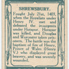Battle of Shrewsbury [July 21st, 1403]. (Battlefield church under which the slain are buried; a cannon of the period; Hotspur [Henry Percy]; the battlefield.)