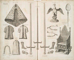 The first plate of the regalia : the open pall, the supertunica of cloath of gold, the surcoat of crimson sattin, a armilla, the colobium sindonis, a buskin, a sandall, the spurrs, the ampulla or eaglet, the anointing spoon, King Edwards Chair in which his Majestie was crownd, curtana or the sword of mercy, the second sword, the third sword.