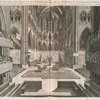A prospect of the inside of the Collegiate Church of St. Peter in Westminster, from the Quire to the East End, with the furniture thereof, as it apeared before the Grand Proceeding entred; shewing the position of the altar, theatre, thrones, chairs, pulpit, benches, seats and galleries.
