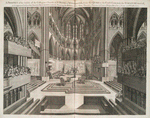 A prospect of the inside of the Collegiate Church of St. Peter in Westminster, from the Quire to the East End, with the furniture thereof, as it apeared before the Grand Proceeding entred; shewing the position of the altar, theatre, thrones, chairs, pulpit, benches, seats and galleries.
