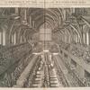 A prospect of the inside of Westminster Hall, shewing how the King and Queen, with the nobility and others, did sit at dinner on the day of the coronation, 23 Apr. 1685, with the manner of serving up the first course of hot meat to their Majesties table.