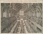 A prospect of the inside of Westminster Hall, shewing how the King and Queen, with the nobility and others, did sit at dinner on the day of the coronation, 23 Apr. 1685, with the manner of serving up the first course of hot meat to their Majesties table.