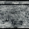 Java, East: Antiquities. Jawi, candi: Tjandi Djawi, section of a relief with a part of a temple complex showing a balai kambang (pavilion or shrine in the middle of a rectangular water basin), other shrines, a temple structure (upper right), and three figures (lower right)