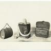 Wood canteen; dragoon hat; cartridge pouch, leather, carried at Louisburg, 1745.