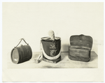 Wood canteen; dragoon hat; cartridge pouch, leather, carried at Louisburg, 1745.