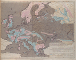 Map shewing the extent of surface in Europe which has been covered by water since the commencement of the deposition of the older Tertiary strata.