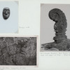 Toradja mask (top left) ; South Celebes. Prehistoric rock-painting of boar (bottom left) ; Kris-shaped tombstone from Soppeng, South Celebes (right)