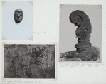 Toradja mask (top left) ; South Celebes. Prehistoric rock-painting of boar (bottom left) ; Kris-shaped tombstone from Soppeng, South Celebes (right)